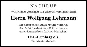 Traueranzeige Wolfgang Lehmann