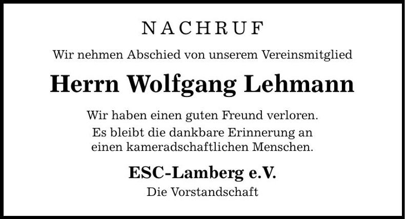 Traueranzeige Wolfgang Lehmann
