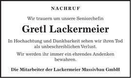 Traueranzeige Gretl Lackermeier