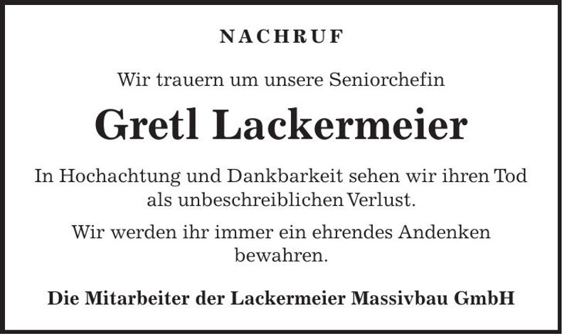 Traueranzeige Gretl Lackermeier