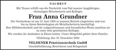Traueranzeige Anna Grundner