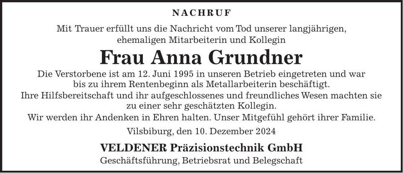 Traueranzeige Anna Grundner