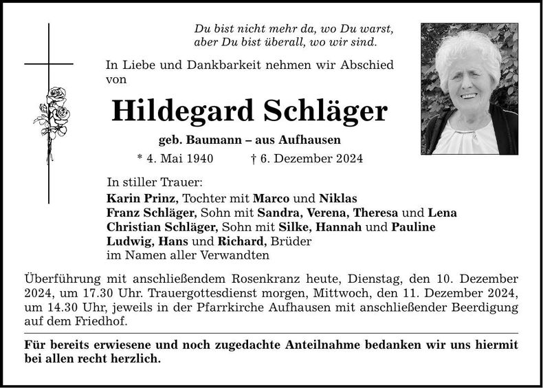 Traueranzeige Hildegard Schläger