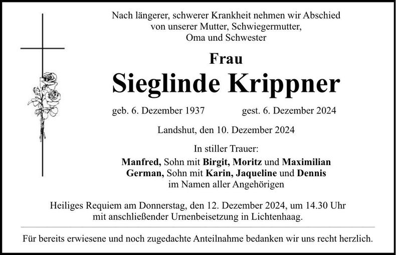Traueranzeige Sieglinde Krippner