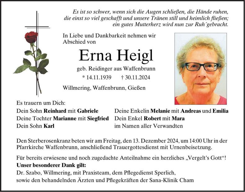 Traueranzeige Erna Heigl