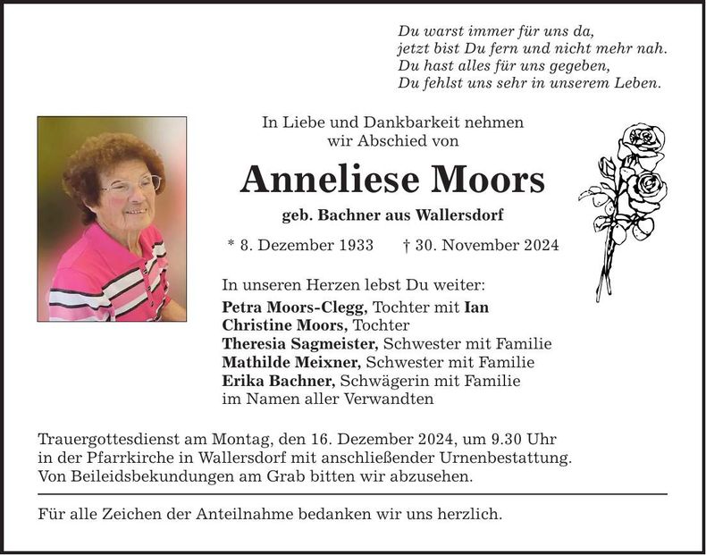 Traueranzeige Anneliese Moors