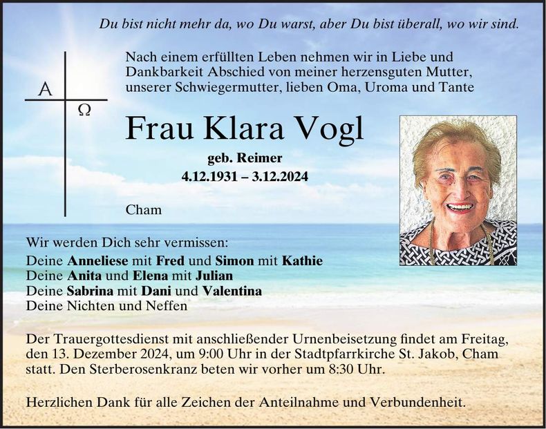 Traueranzeige Klara Vogl
