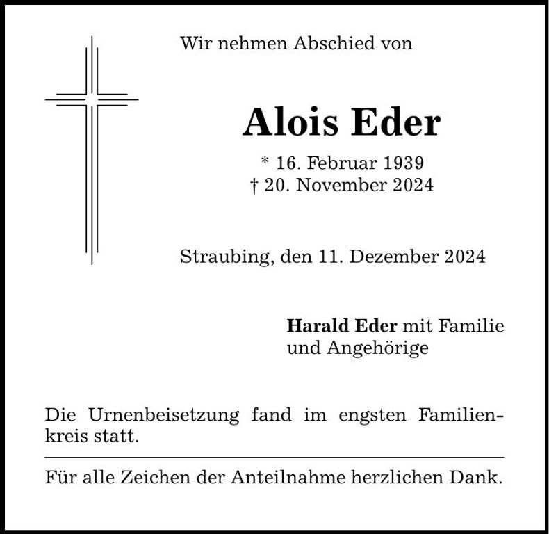 Traueranzeige Alois Eder