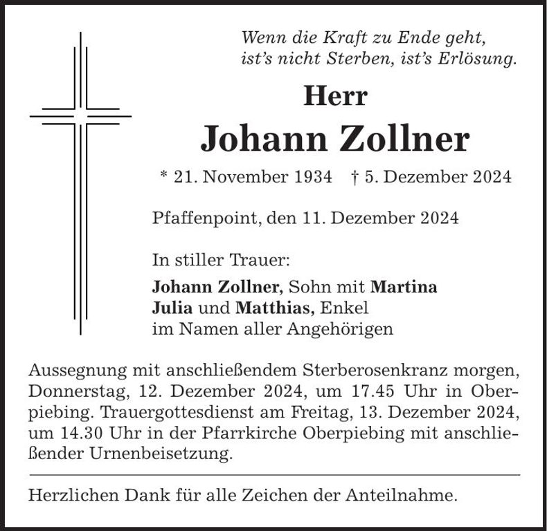 Traueranzeige Johann Zollner