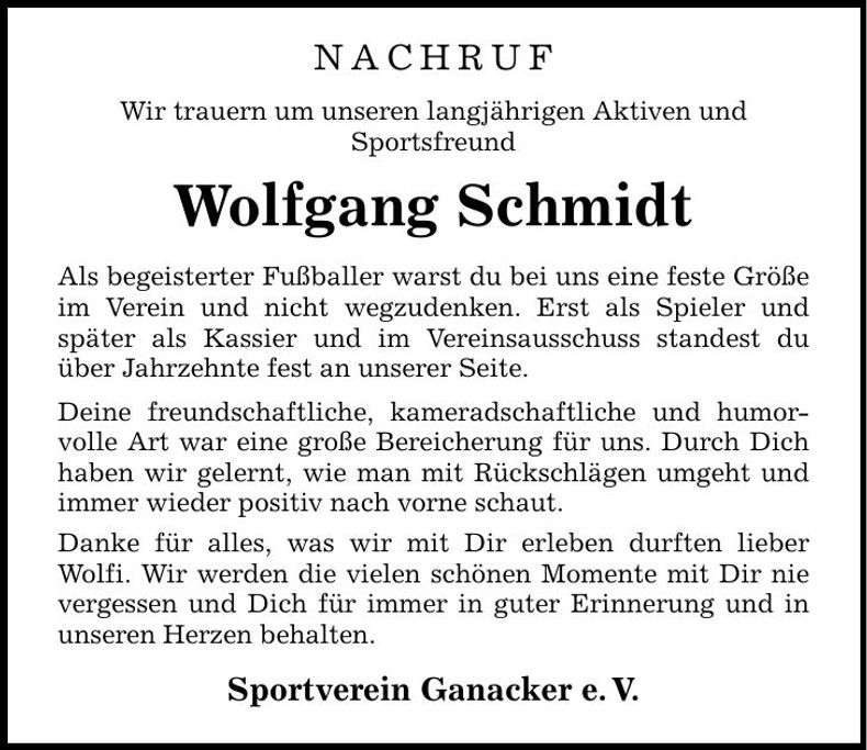 Traueranzeige Wolfgang Schmidt