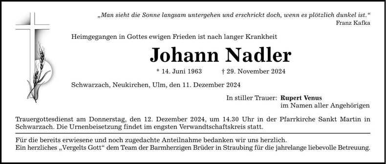 Traueranzeige Johann Nadler