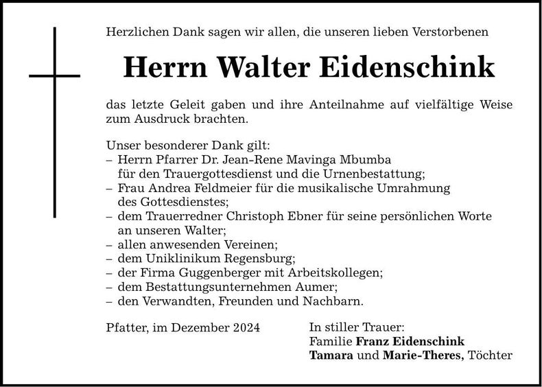 Traueranzeige Walter Eidenschink