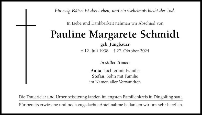 Traueranzeige Pauline Margarete Schmidt