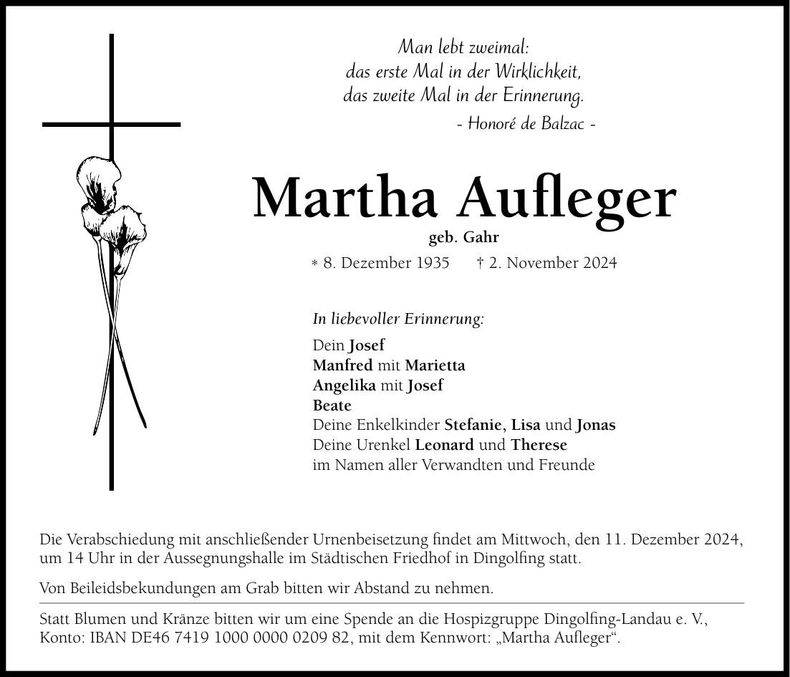 Traueranzeige Martha Aufleger