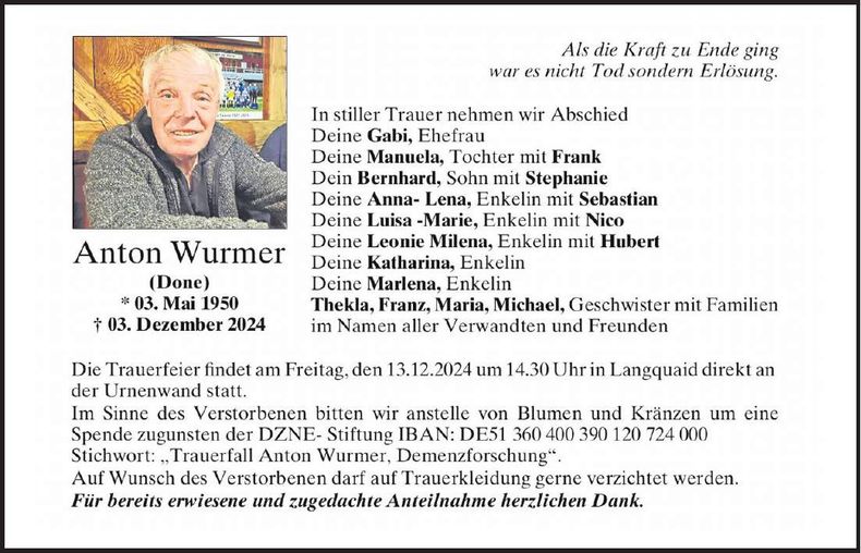 Traueranzeige Anton Wurmer