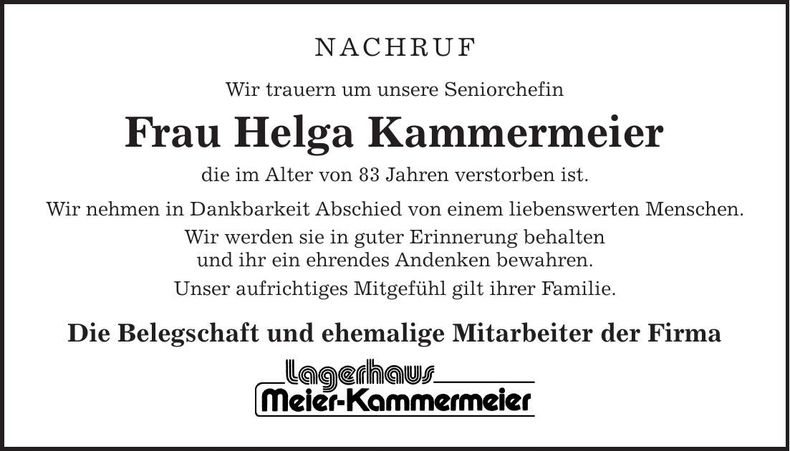 Traueranzeige Helga Kammermeier