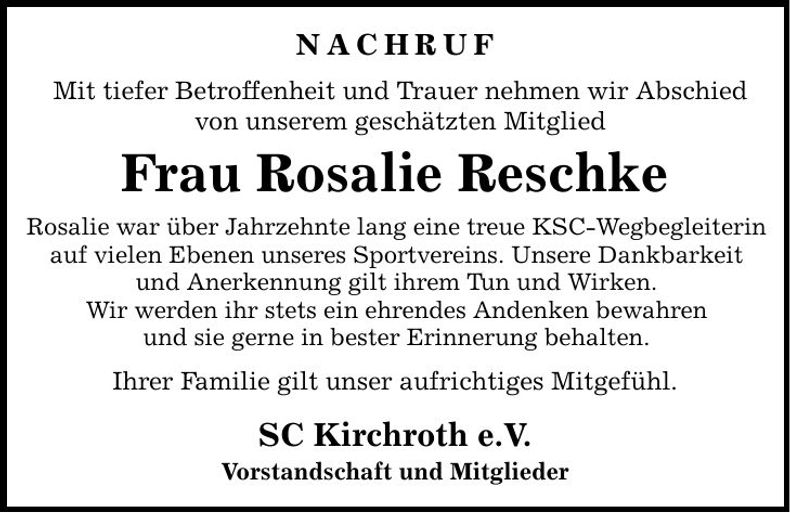 Traueranzeige Rosalie Reschke