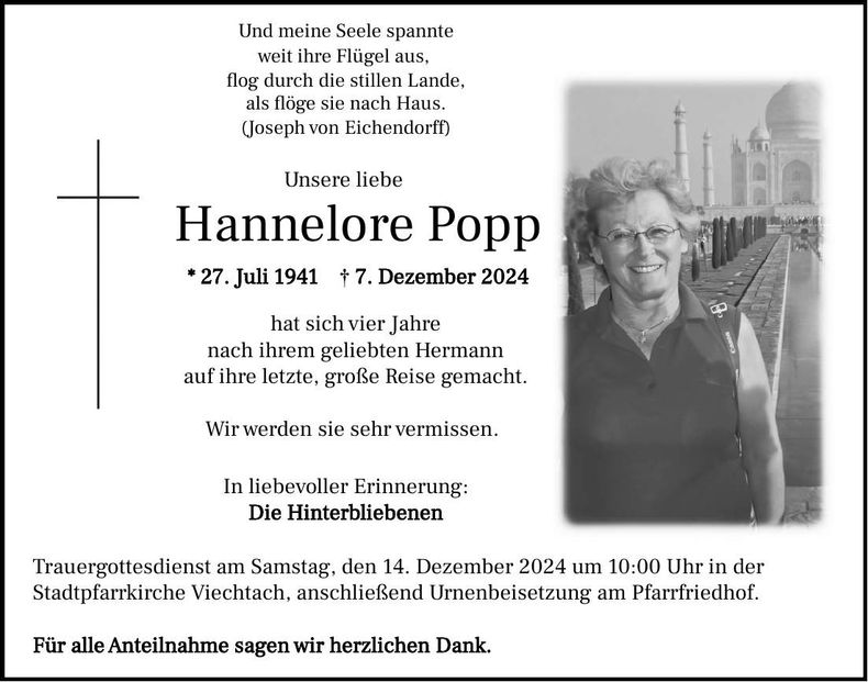 Traueranzeige Hannelore Popp