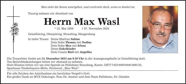 Traueranzeige Max Wasl