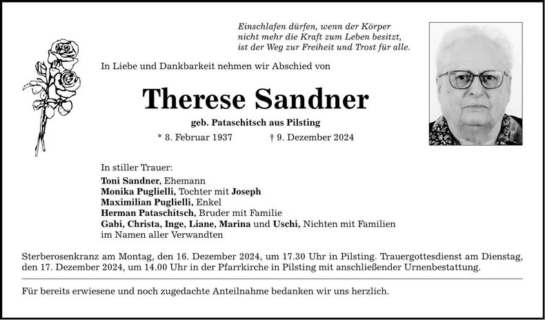 Traueranzeige Therese Sandner
