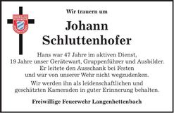 Traueranzeige Johann Schluttenhofer
