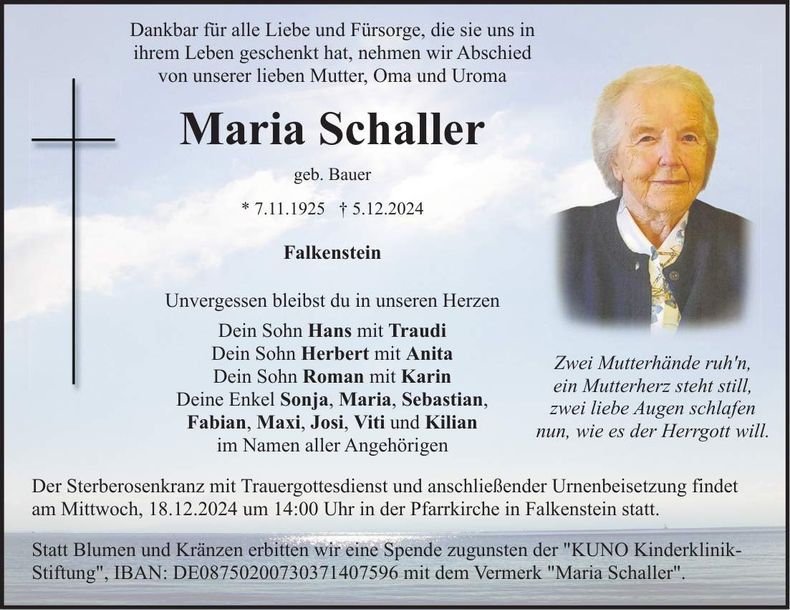 Traueranzeige Maria Schaller