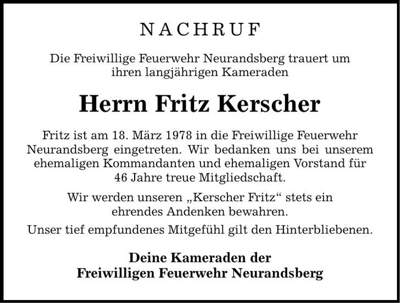 Traueranzeige Fritz Kerscher