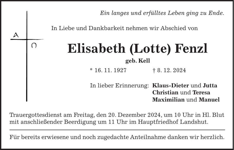 Traueranzeige Elisabeth Fenzl