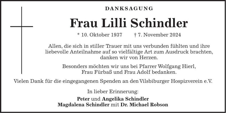 Traueranzeige Lilli Schindler