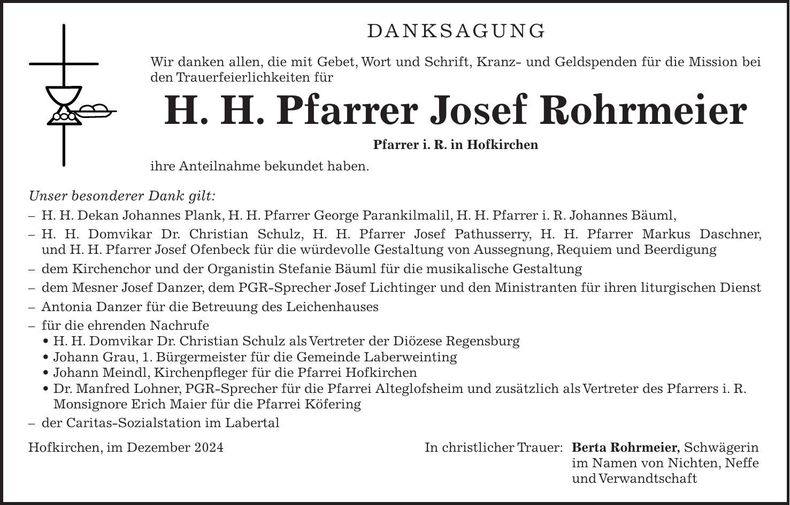 Traueranzeige H. H. Pfarrer Josef Rohrmeier