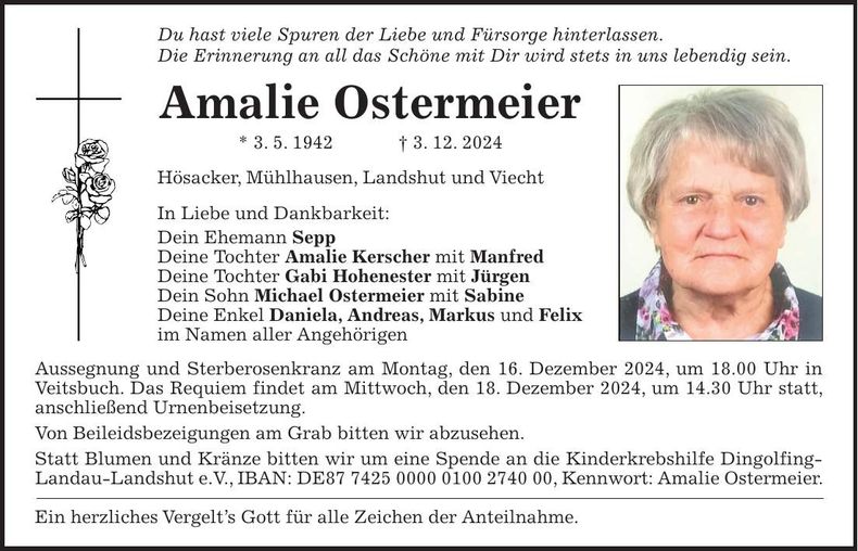Traueranzeige Amalie Ostermeier