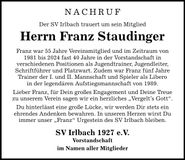 Traueranzeige Franz Staudinger