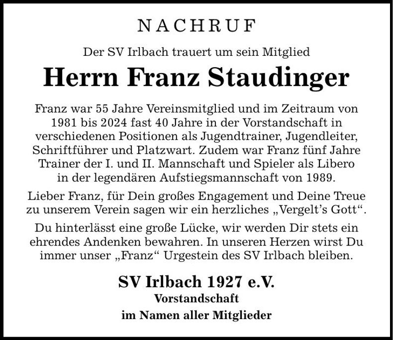 Traueranzeige Franz Staudinger