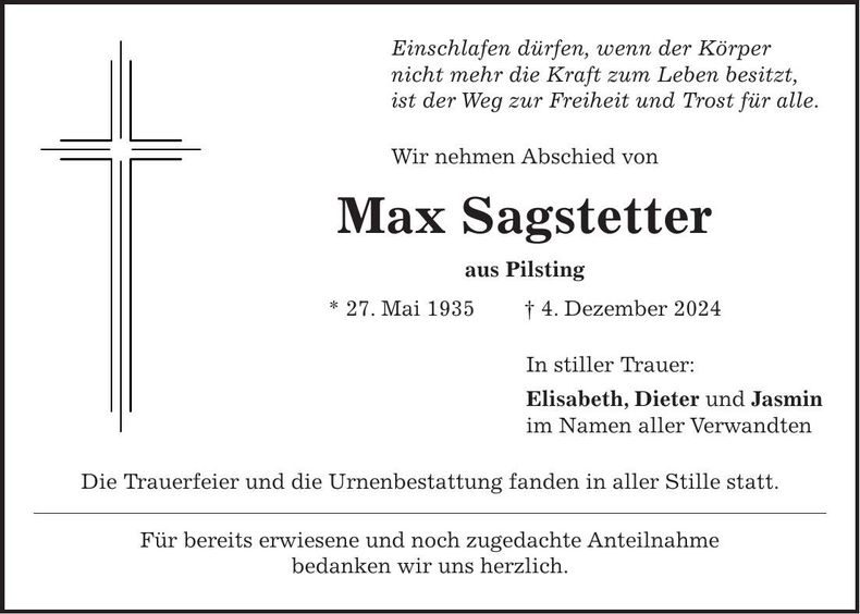 Traueranzeige Max Sagstetter