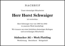 Traueranzeige Horst Schwaiger