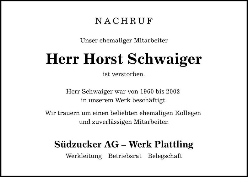 Traueranzeige Horst Schwaiger