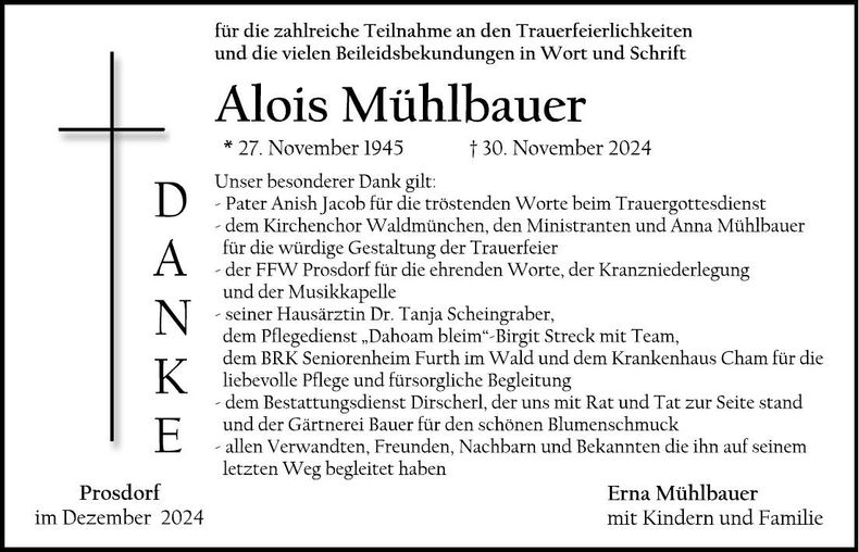 Traueranzeige Alois Mühlbauer