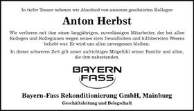 Traueranzeige Anton Herbst