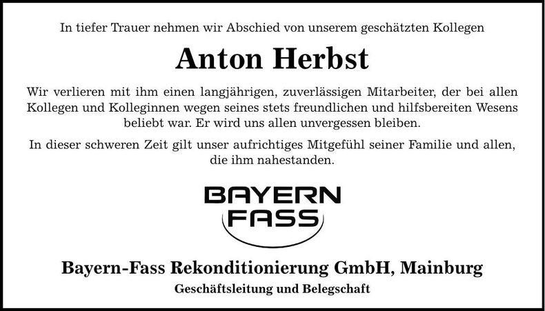 Traueranzeige Anton Herbst