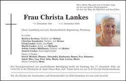 Traueranzeige Christa Lankes