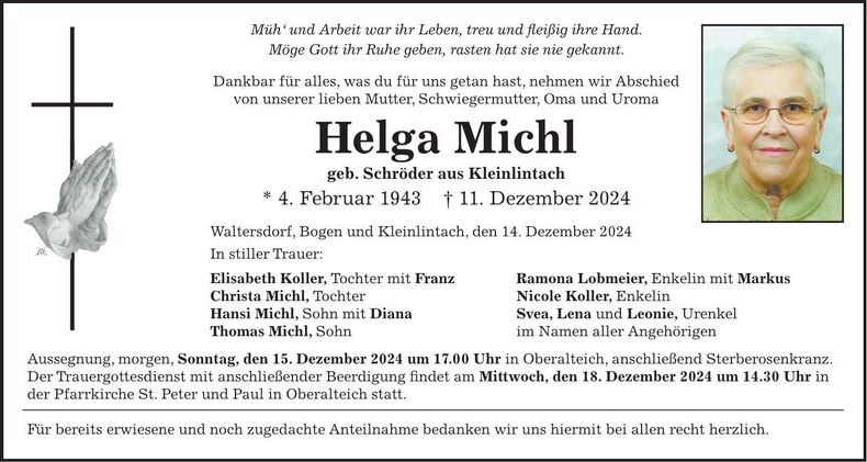Traueranzeige Helga Michl