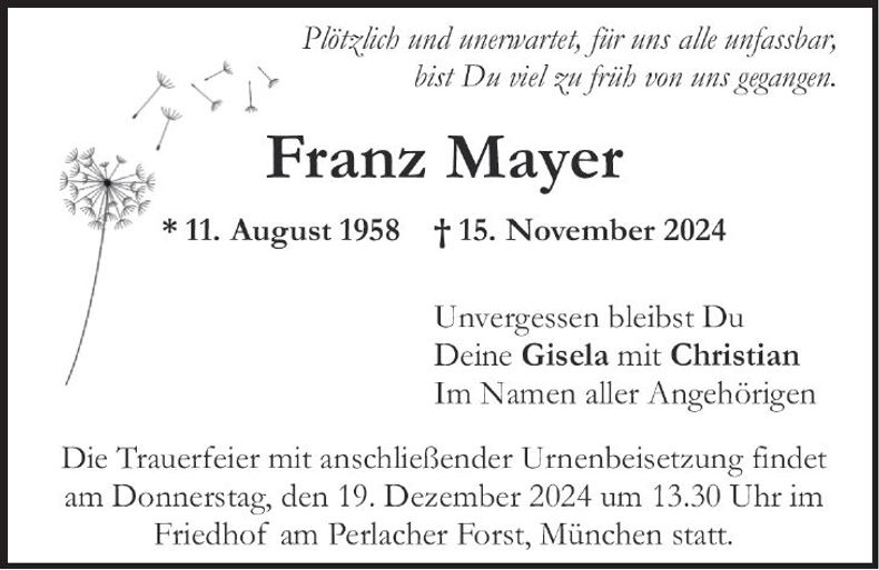 Traueranzeige Franz Mayer