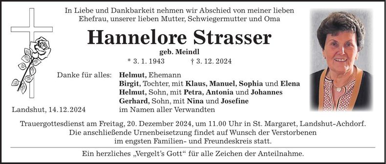 Traueranzeige Hannelore Strasser