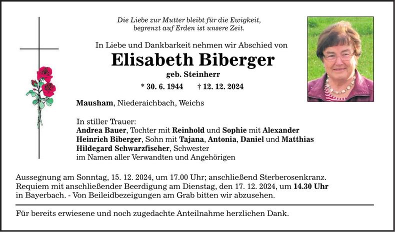 Traueranzeige Elisabeth Biberger