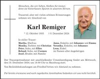 Traueranzeige Karl Remiger