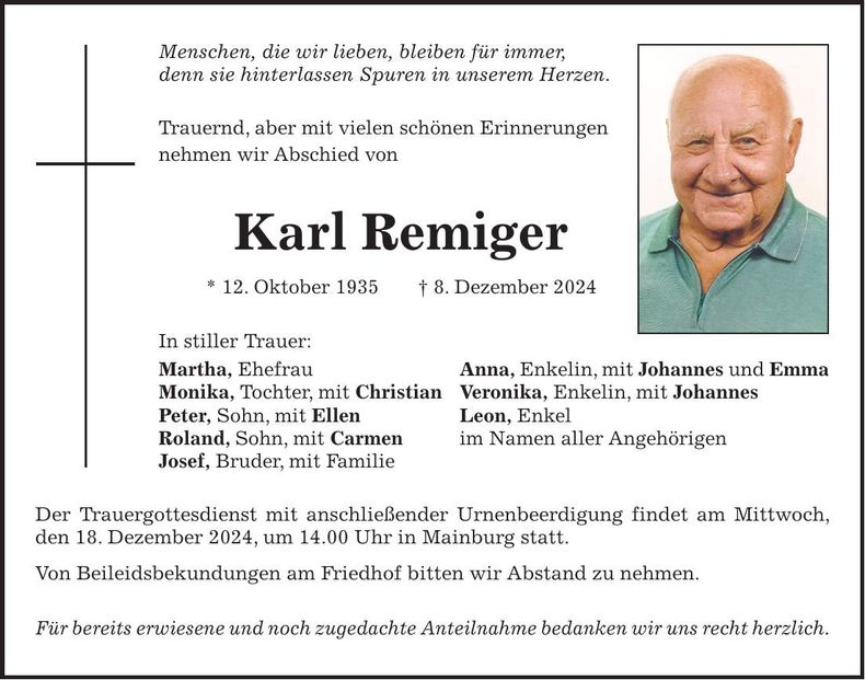 Traueranzeige Karl Remiger