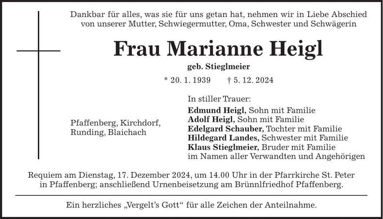 Traueranzeige Marianne Heigl