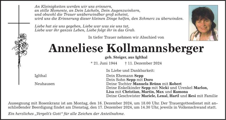 Traueranzeige Anna Elisabeth Kollmannsberger