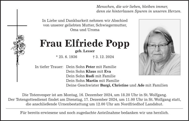 Traueranzeige Elfriede Popp
