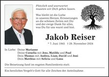 Traueranzeige Jakob Reiser